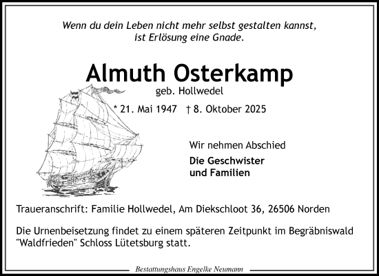 Traueranzeige von Almuth Osterkamp von Ostfriesischer Kurier GmbH