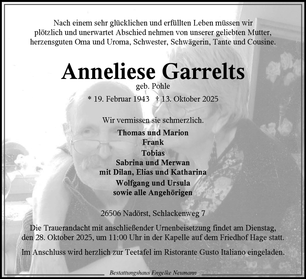  Traueranzeige für Anneliese Garrelts vom 18.10.2025 aus Ostfriesischer Kurier GmbH