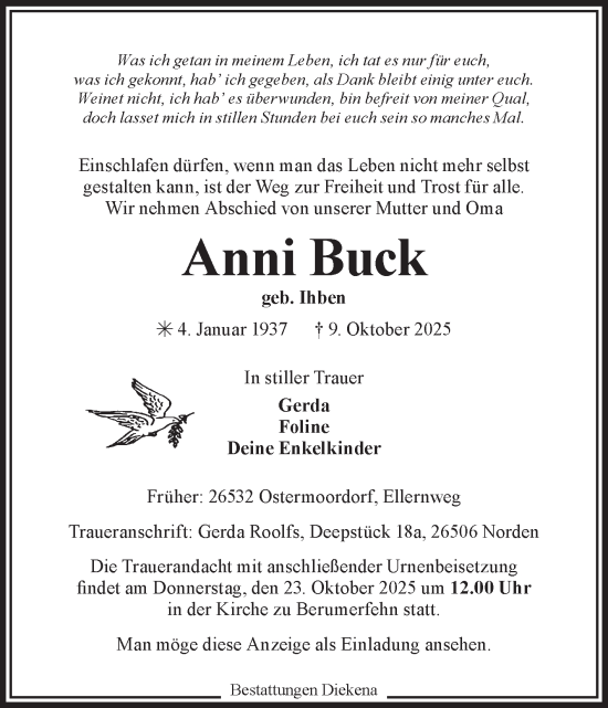 Traueranzeige von Anni Buck von Ostfriesischer Kurier GmbH