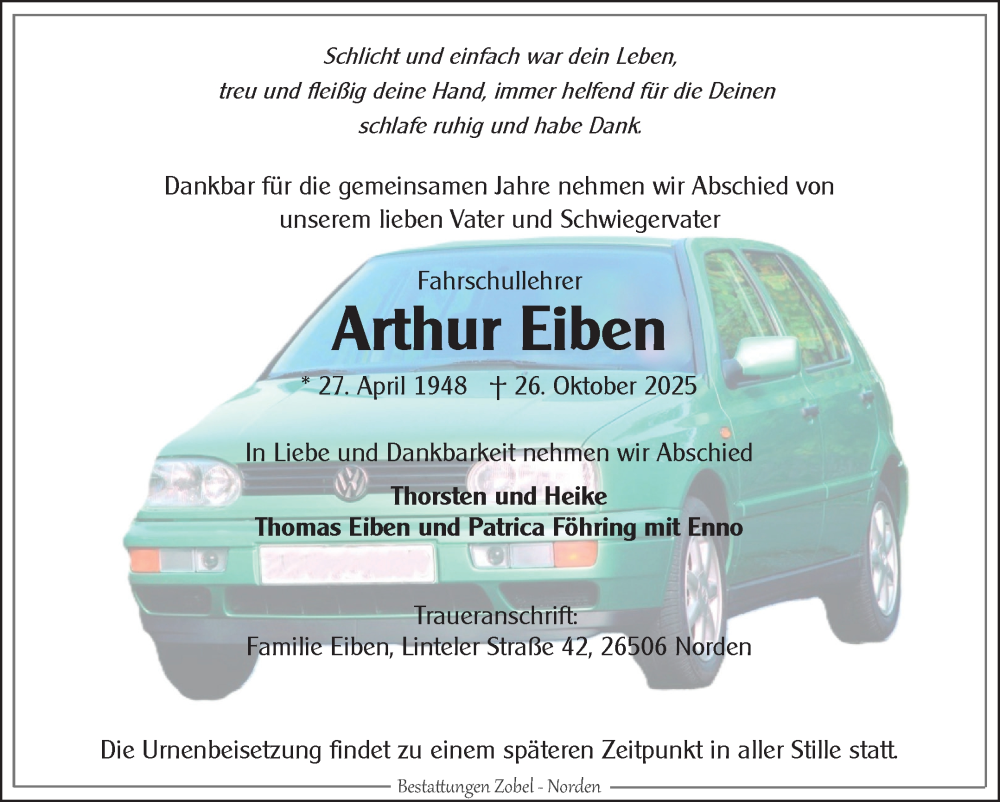  Traueranzeige für Arthur Eiben vom 31.10.2025 aus Ostfriesischer Kurier GmbH