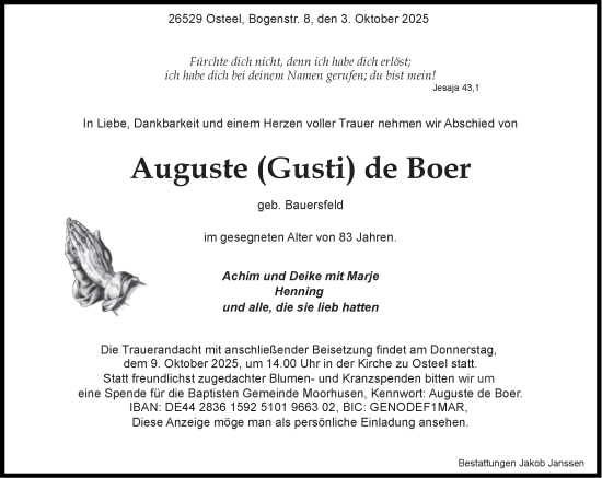 Traueranzeige von Auguste de Boer von Ostfriesischer Kurier GmbH