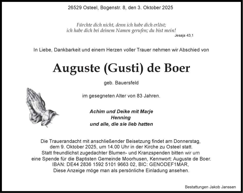  Traueranzeige für Auguste de Boer vom 06.10.2025 aus Ostfriesischer Kurier GmbH