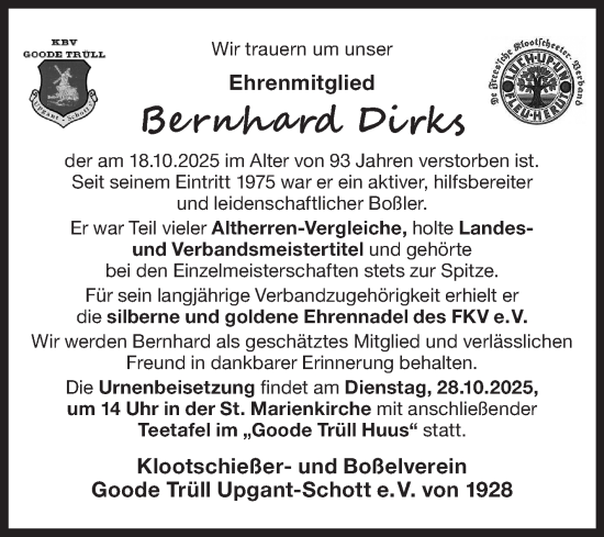 Traueranzeige von Bernhard Dirks von Ostfriesischer Kurier GmbH