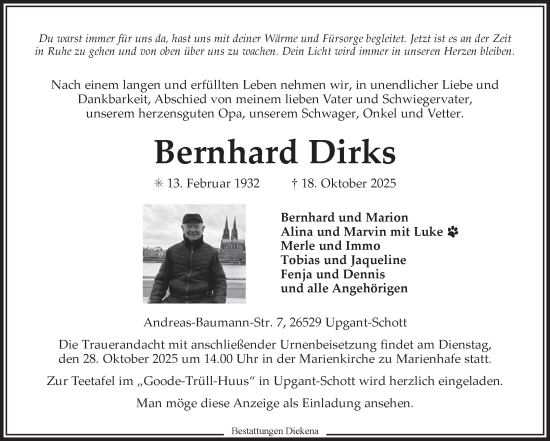 Traueranzeige von Bernhard Dirks von Ostfriesischer Kurier GmbH