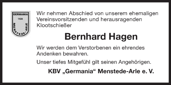 Traueranzeige von Bernhard Hagen von Ostfriesischer Kurier GmbH