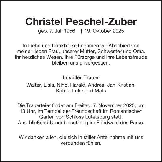 Traueranzeige von Christel Peschel-Zuber von Ostfriesischer Kurier GmbH