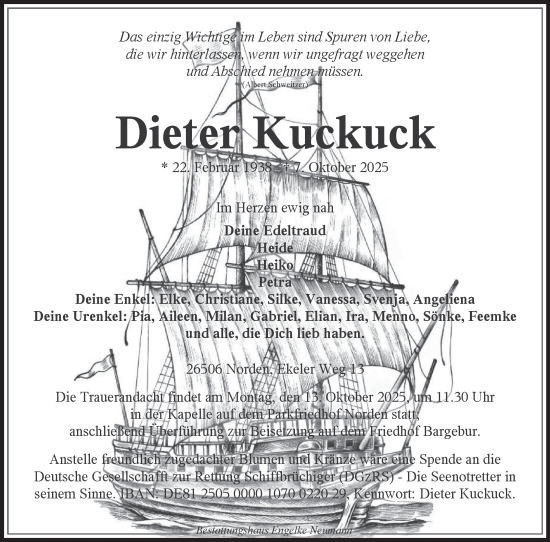 Traueranzeige von Dieter Kuckuck von Ostfriesischer Kurier GmbH