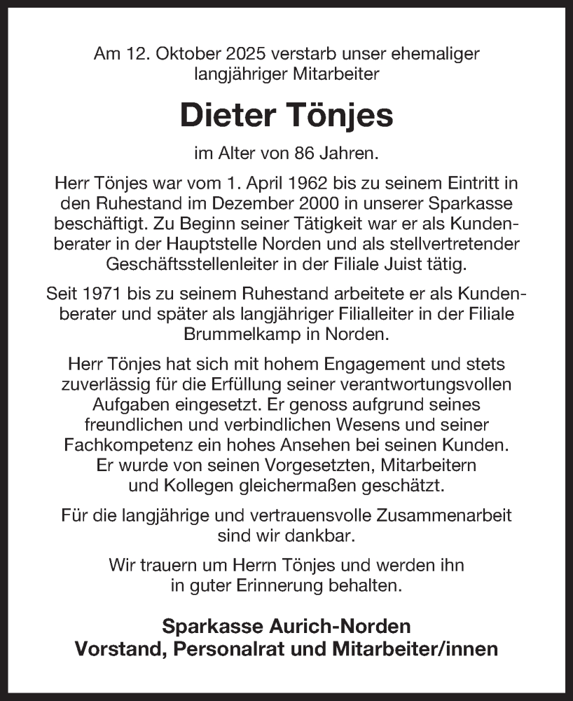  Traueranzeige für Dieter Tönjes vom 18.10.2025 aus Ostfriesischer Kurier GmbH