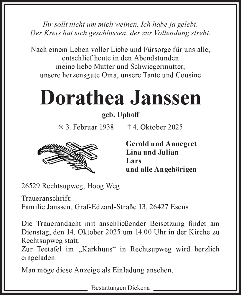  Traueranzeige für Dorothea Janssen vom 08.10.2025 aus Ostfriesischer Kurier GmbH