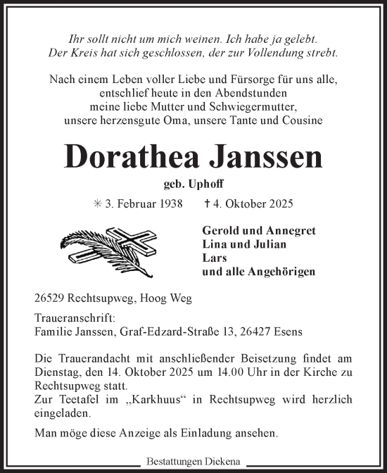 Traueranzeige von Dorothea Janssen von Ostfriesischer Kurier GmbH