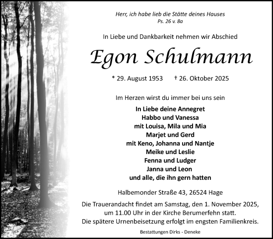 Traueranzeige von Egon Schulmann von Ostfriesischer Kurier GmbH