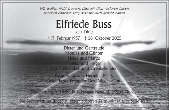 Traueranzeige von Elfriede Buss von Ostfriesischer Kurier GmbH