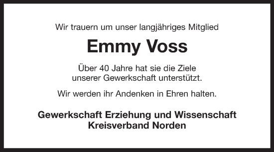 Traueranzeige von Emmy Voss von Ostfriesischer Kurier GmbH