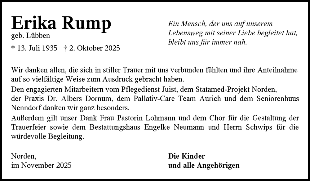  Traueranzeige für Erika Rump vom 31.10.2025 aus Ostfriesischer Kurier GmbH
