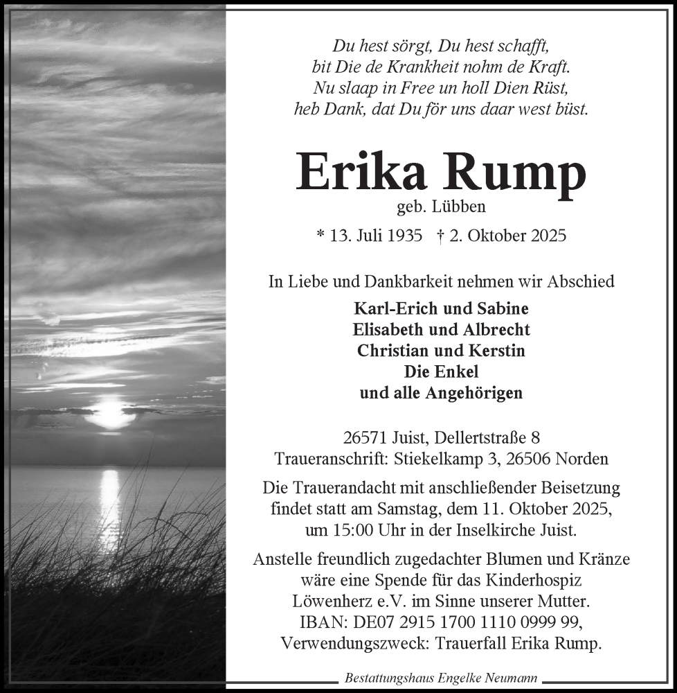  Traueranzeige für Erika Rump vom 07.10.2025 aus Ostfriesischer Kurier GmbH