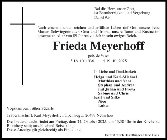 Traueranzeige von Frieda Meyerhoff von Ostfriesischer Kurier GmbH