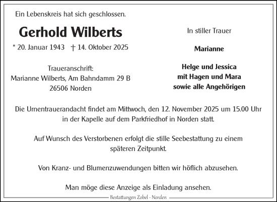 Traueranzeige von Gerhold Wilberts von Ostfriesischer Kurier GmbH