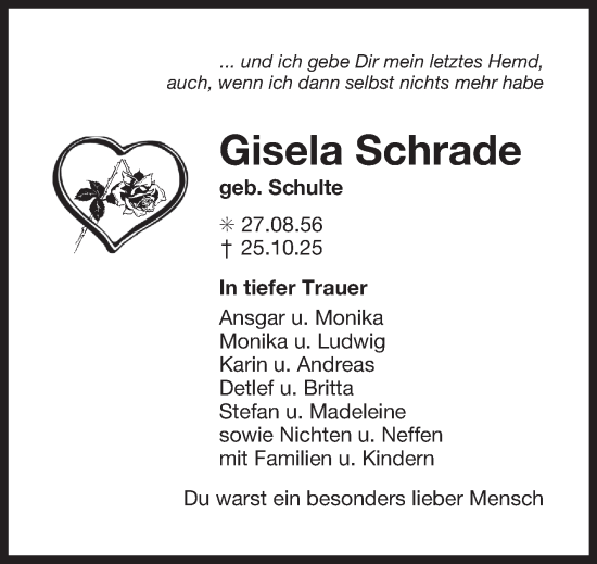 Traueranzeige von Gisela Schrade von Ostfriesischer Kurier GmbH