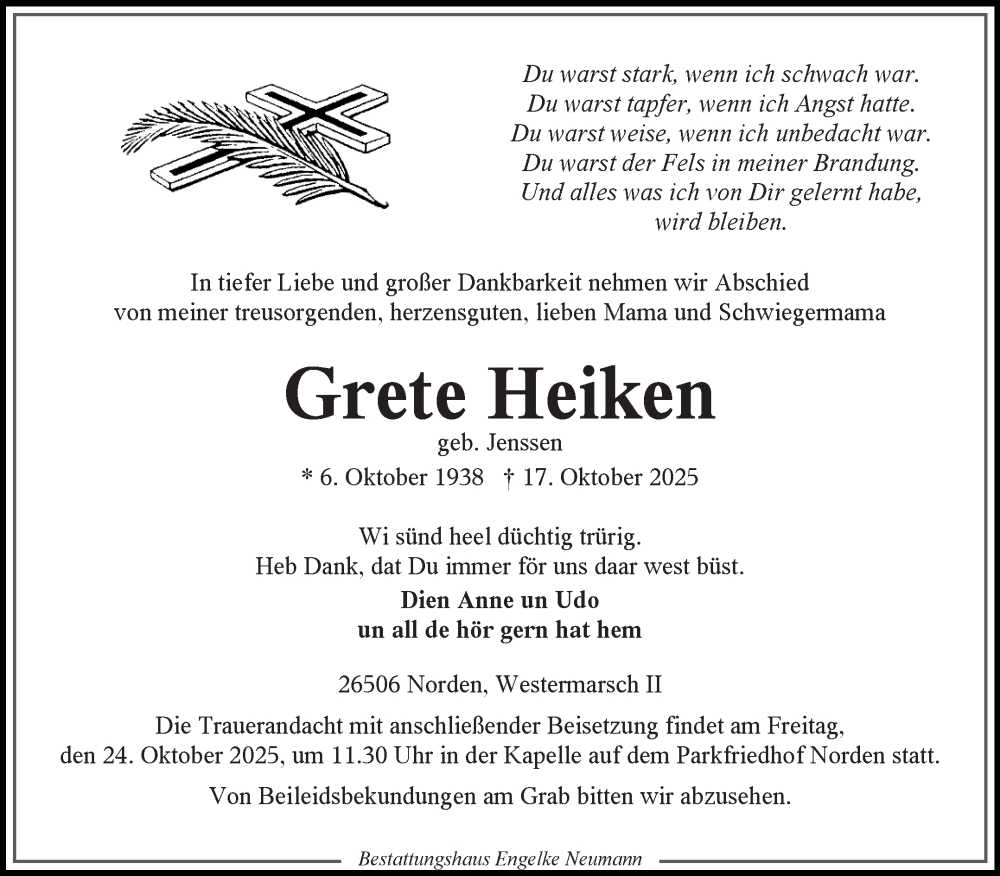  Traueranzeige für Grete Heiken vom 21.10.2025 aus Ostfriesischer Kurier GmbH