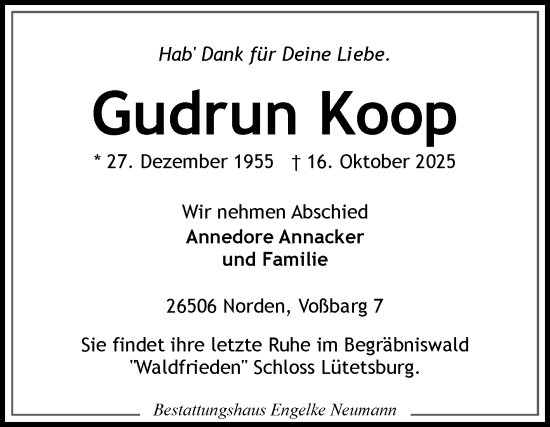Traueranzeige von Gudrun Koop von Ostfriesischer Kurier GmbH