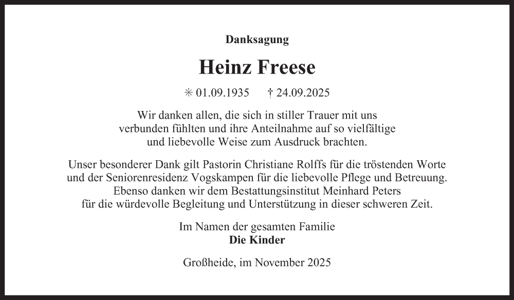  Traueranzeige für Heinz Freese vom 31.10.2025 aus Ostfriesischer Kurier GmbH