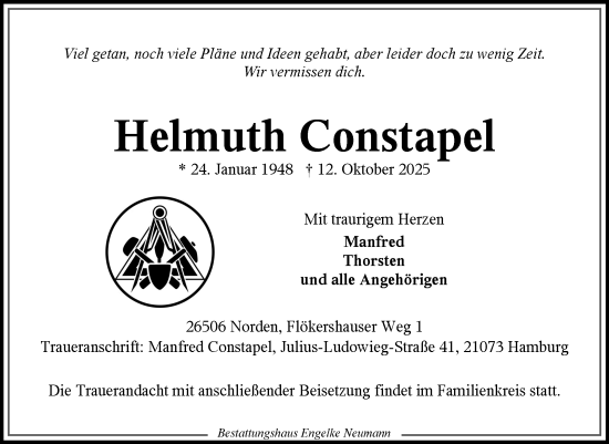 Traueranzeige von Helmuth Constapel von Ostfriesischer Kurier GmbH