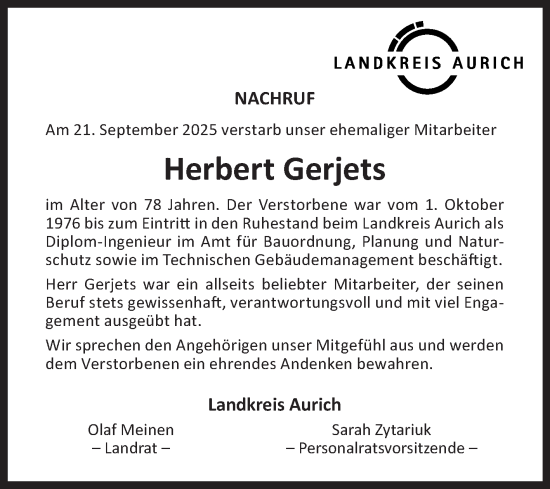 Traueranzeige von Herbert Gerjets von Ostfriesischer Kurier GmbH