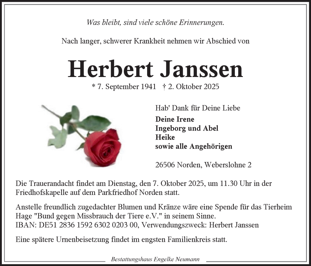  Traueranzeige für Herbert Janssen vom 04.10.2025 aus Ostfriesischer Kurier GmbH