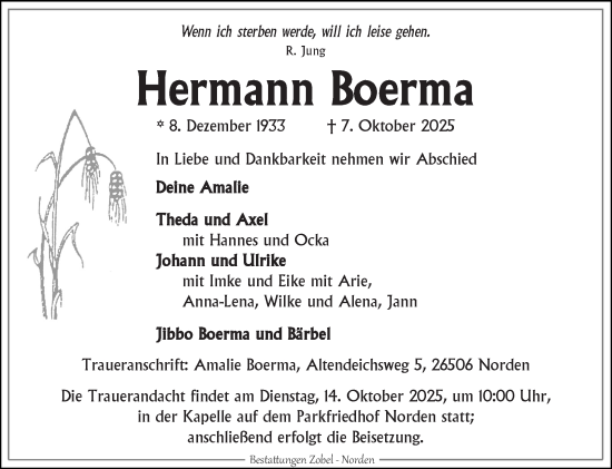 Traueranzeige von Hermann Boerma von Ostfriesischer Kurier GmbH