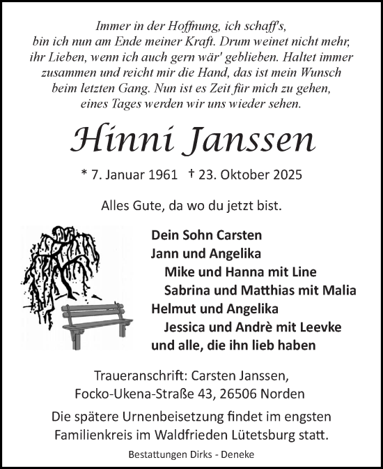 Traueranzeige von Hinni Janssen von Ostfriesischer Kurier GmbH