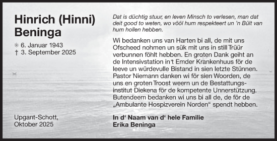 Traueranzeige von Hinrich Beninga von Ostfriesischer Kurier GmbH