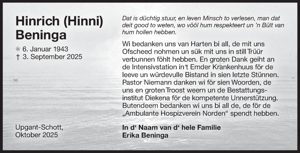  Traueranzeige für Hinrich Beninga vom 25.10.2025 aus Ostfriesischer Kurier GmbH