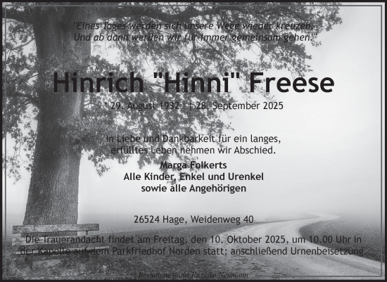 Traueranzeige von Hinrich Freese von Ostfriesischer Kurier GmbH