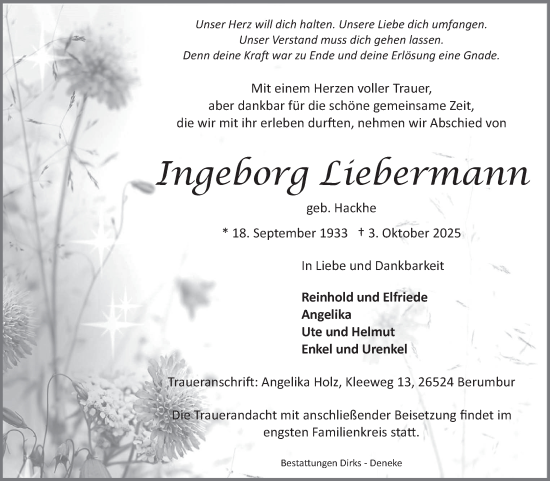 Traueranzeige von Ingeborg Liebermann von Ostfriesischer Kurier GmbH