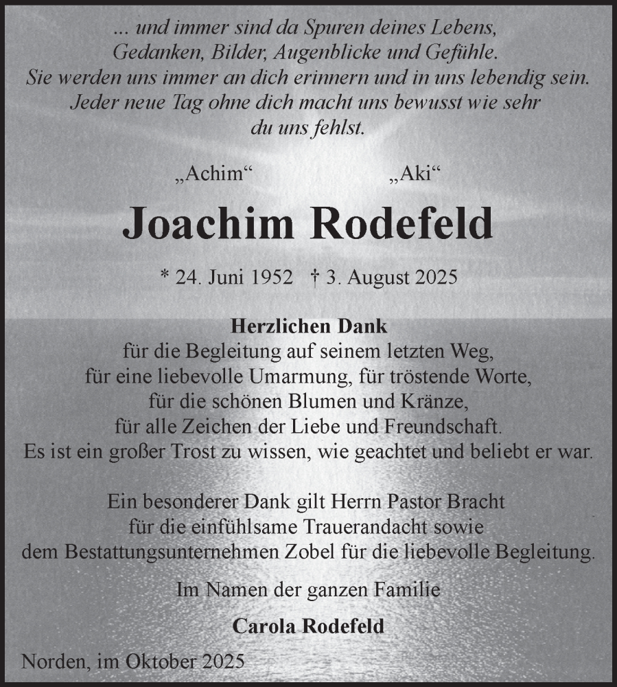  Traueranzeige für Joachim Rodefeld vom 11.10.2025 aus Ostfriesischer Kurier GmbH