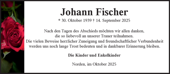 Traueranzeige von Johann Fischer von Ostfriesischer Kurier GmbH