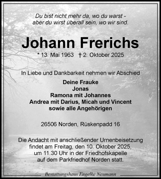Traueranzeige von Johann Frerichs von Ostfriesischer Kurier GmbH