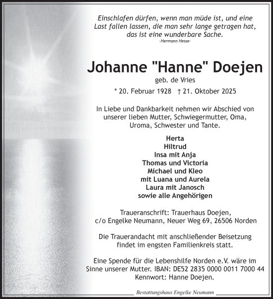 Traueranzeige von Johanne Doejen von Ostfriesischer Kurier GmbH