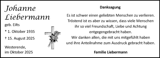 Traueranzeige von Johanne Liebermann von Ostfriesischer Kurier GmbH