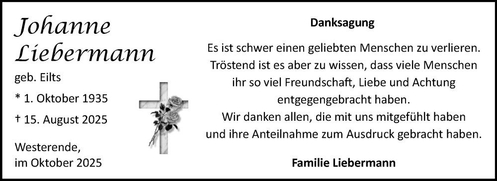  Traueranzeige für Johanne Liebermann vom 11.10.2025 aus Ostfriesischer Kurier GmbH