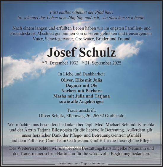 Traueranzeige von Josef Schulz von Ostfriesischer Kurier GmbH