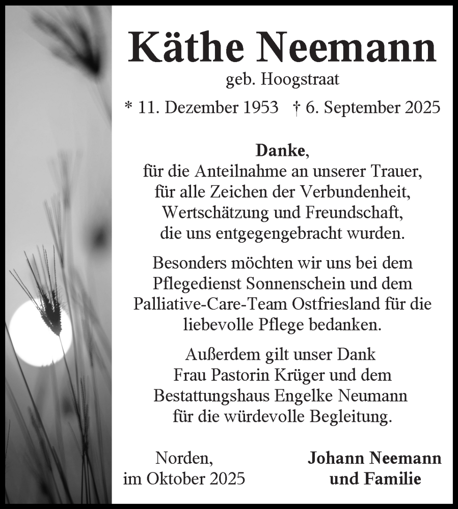  Traueranzeige für Käthe Neemann vom 04.10.2025 aus Ostfriesischer Kurier GmbH