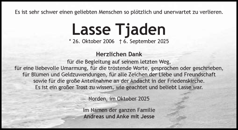  Traueranzeige für Lasse Tjaden vom 18.10.2025 aus Ostfriesischer Kurier GmbH