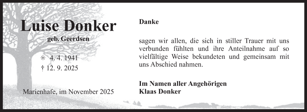  Traueranzeige für Luise Donker vom 31.10.2025 aus Ostfriesischer Kurier GmbH