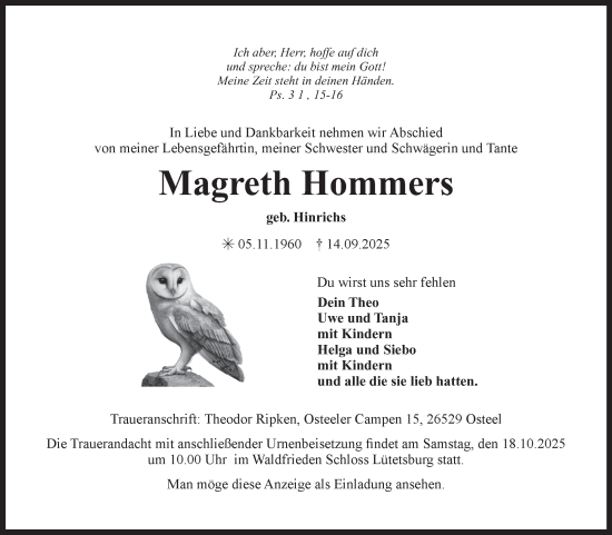 Traueranzeige von Magreth Hommers von Ostfriesischer Kurier GmbH