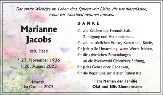 Traueranzeige von Marianne Jacobs von Ostfriesischer Kurier GmbH