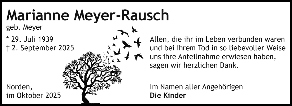  Traueranzeige für Marianne Meyer-Rausch vom 04.10.2025 aus Ostfriesischer Kurier GmbH