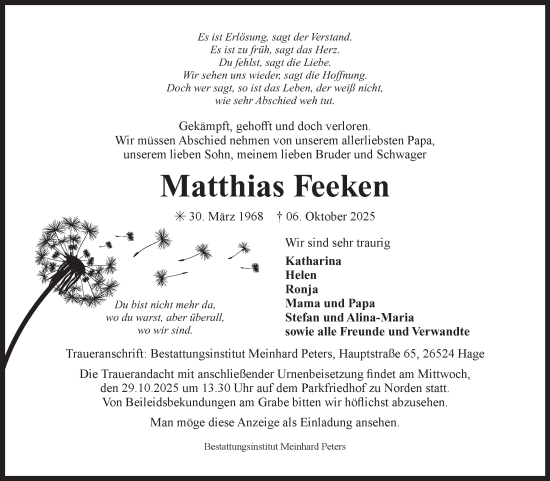 Traueranzeige von Matthias Feeken von Ostfriesischer Kurier GmbH