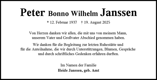 Traueranzeige von Peter Bonno Wilhelm Janssen von Ostfriesischer Kurier GmbH