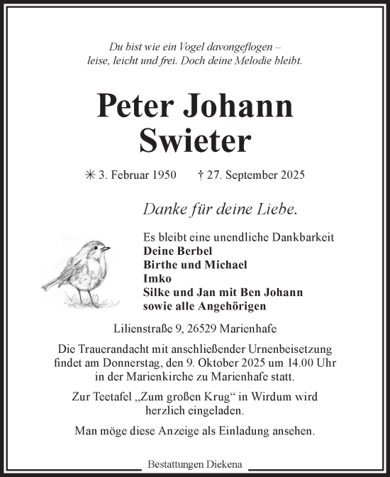 Traueranzeige von Peter Johann Swieter von Ostfriesischer Kurier GmbH
